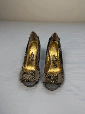 Vintage y2k Naughty Monkey snakeskin print brown heels with sick chain details